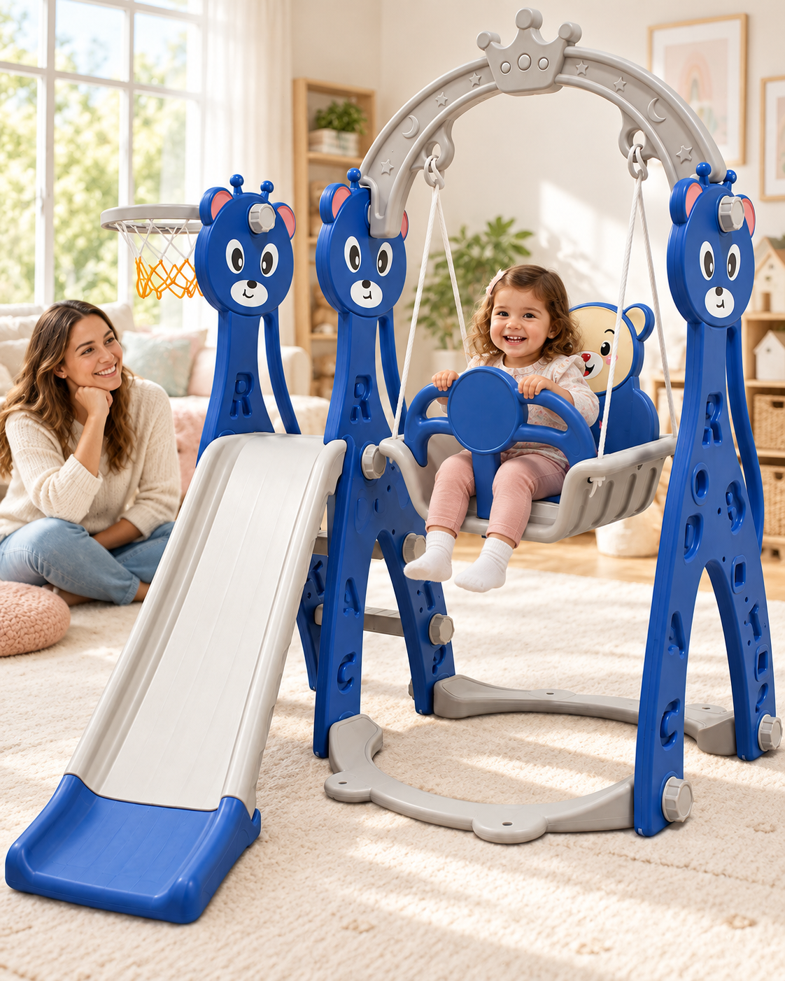 Lovely Baby 4-in-1 Kids Slide and Swing Set with Basketball Hoop, Ball & Climbing Ladder, Adjustable Swing with Safety Belt, Indoor & Outdoor Playground for Boys and Girls Ages 3+