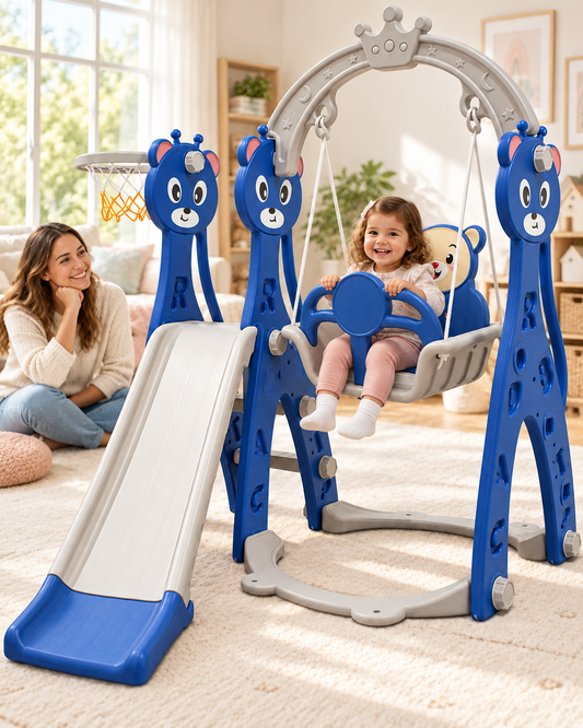 Lovely Baby 4-in-1 Kids Slide and Swing Set with Basketball Hoop, Ball & Climbing Ladder, Adjustable Swing with Safety Belt, Indoor & Outdoor Playground for Boys and Girls Ages 3+