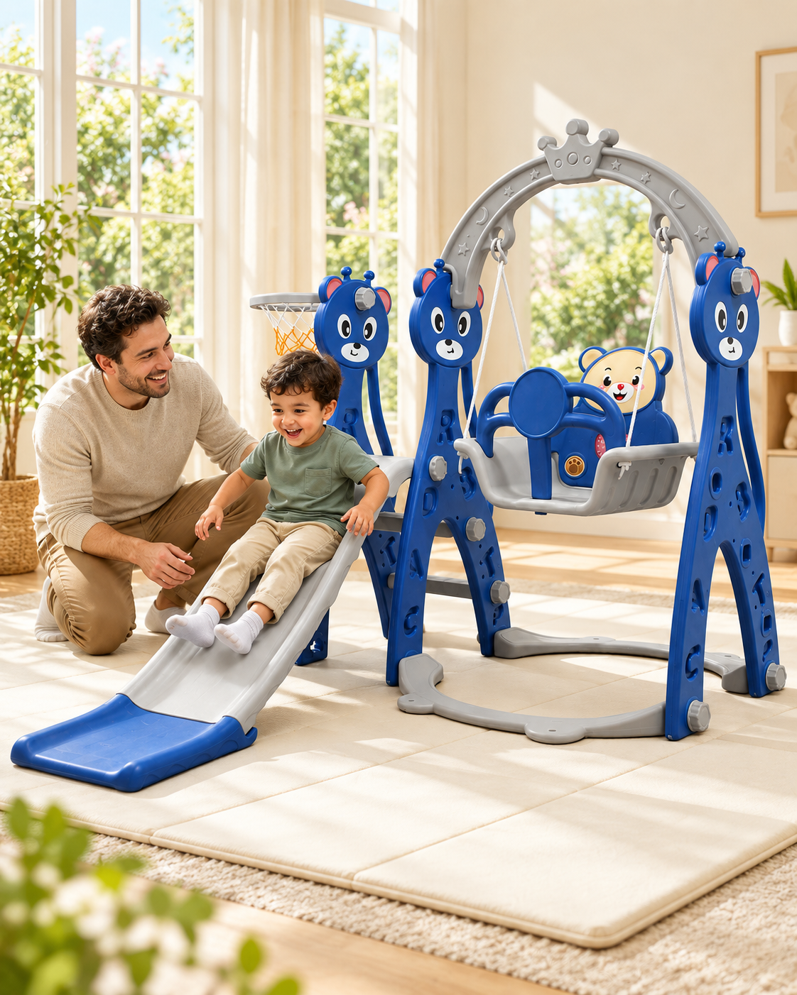 Lovely Baby 4-in-1 Kids Slide and Swing Set with Basketball Hoop, Ball & Climbing Ladder, Adjustable Swing with Safety Belt, Indoor & Outdoor Playground for Boys and Girls Ages 3+