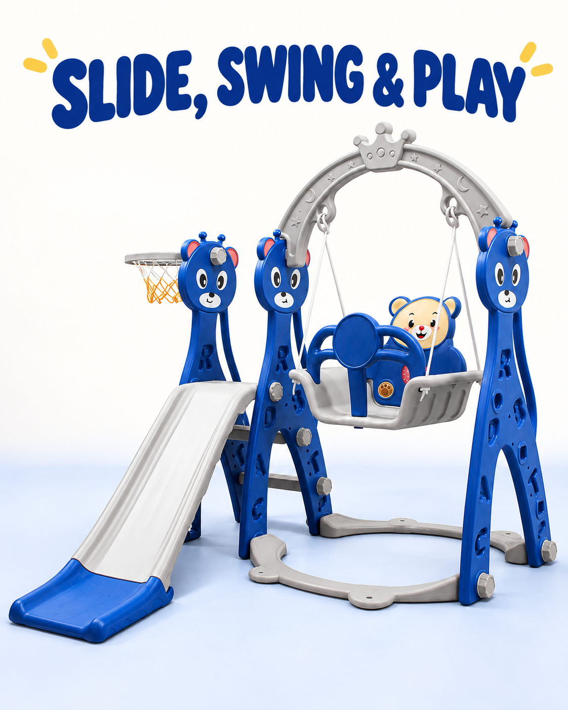 Lovely Baby 4-in-1 Kids Slide and Swing Set with Basketball Hoop, Ball & Climbing Ladder, Adjustable Swing with Safety Belt, Indoor & Outdoor Playground for Boys and Girls Ages 3+