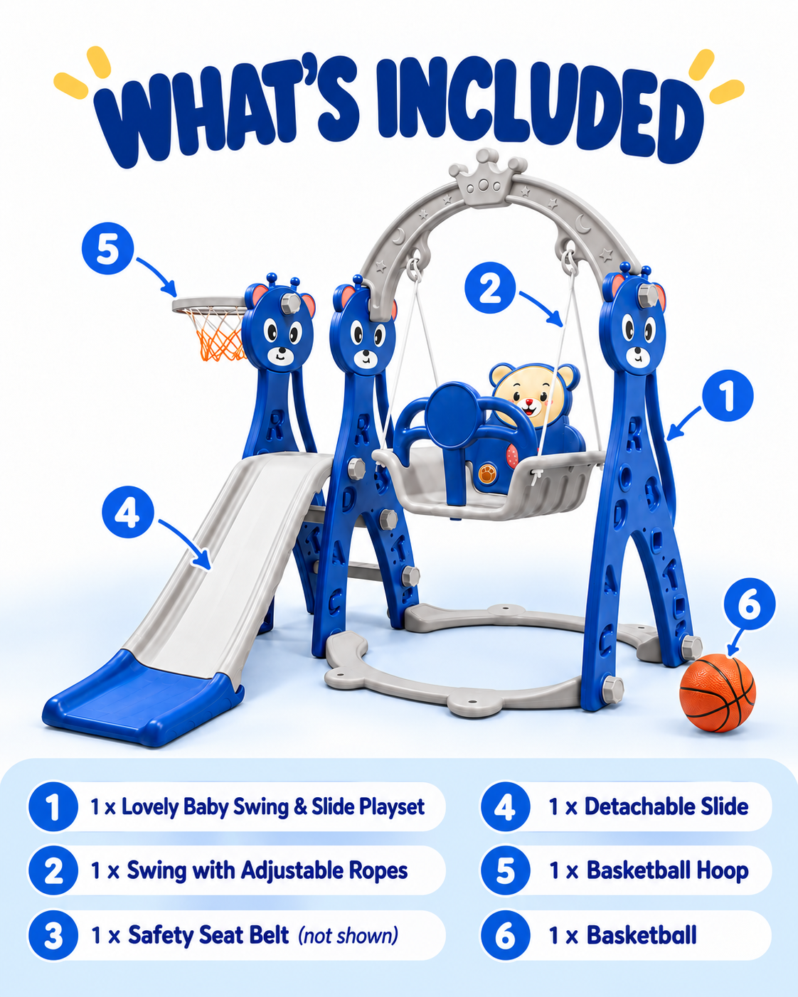 Lovely Baby 4-in-1 Kids Slide and Swing Set with Basketball Hoop, Ball & Climbing Ladder, Adjustable Swing with Safety Belt, Indoor & Outdoor Playground for Boys and Girls Ages 3+