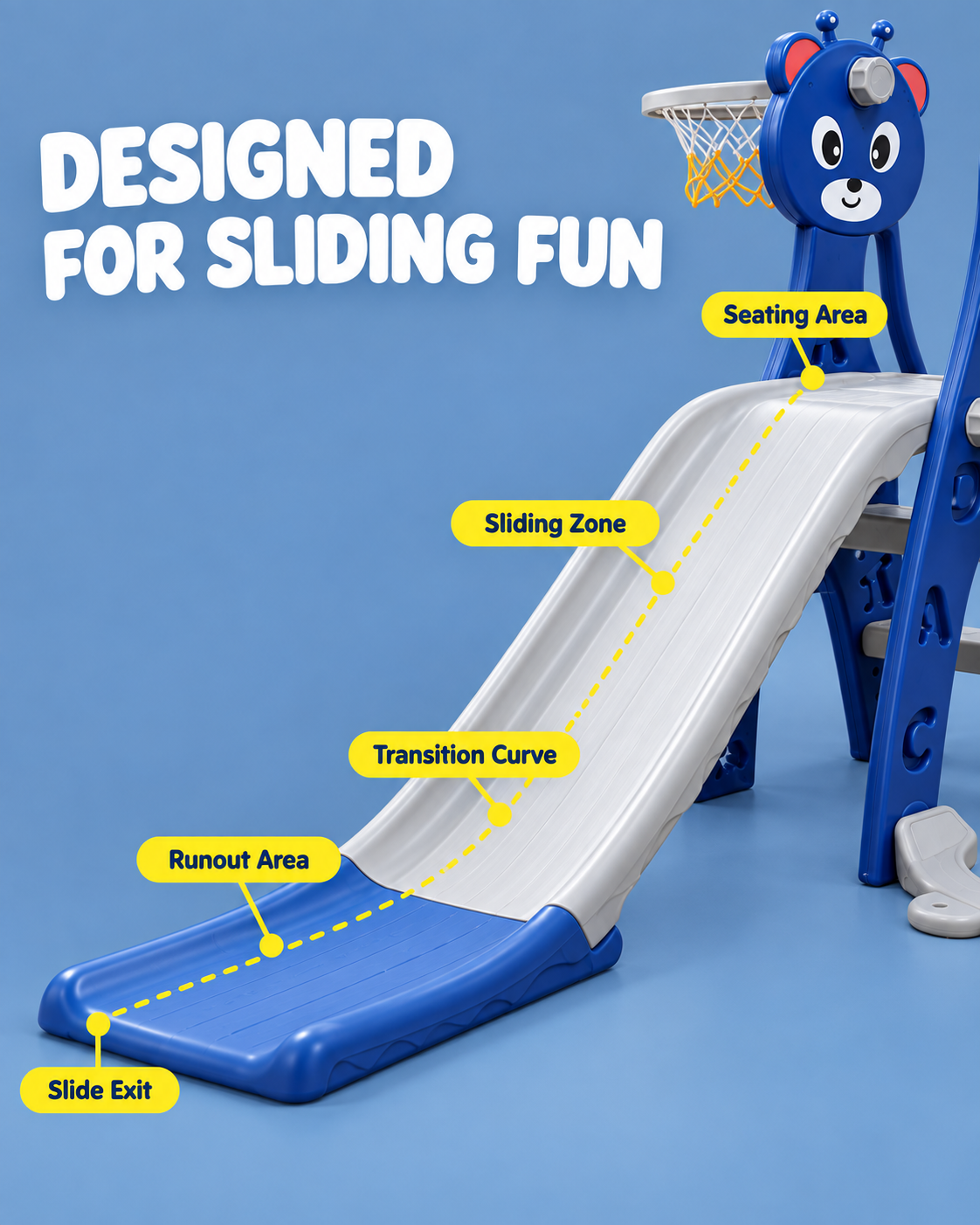 Lovely Baby 4-in-1 Kids Slide and Swing Set with Basketball Hoop, Ball & Climbing Ladder, Adjustable Swing with Safety Belt, Indoor & Outdoor Playground for Boys and Girls Ages 3+