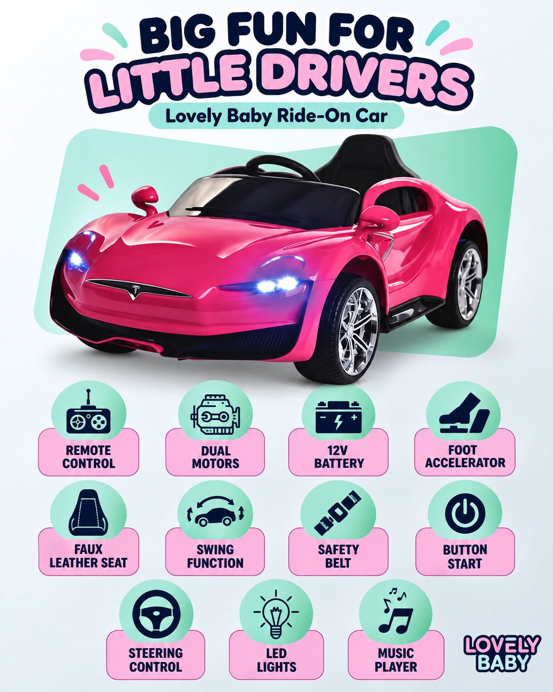 Lovely Baby Kids Powered Riding Car LB 1060DX - Pink