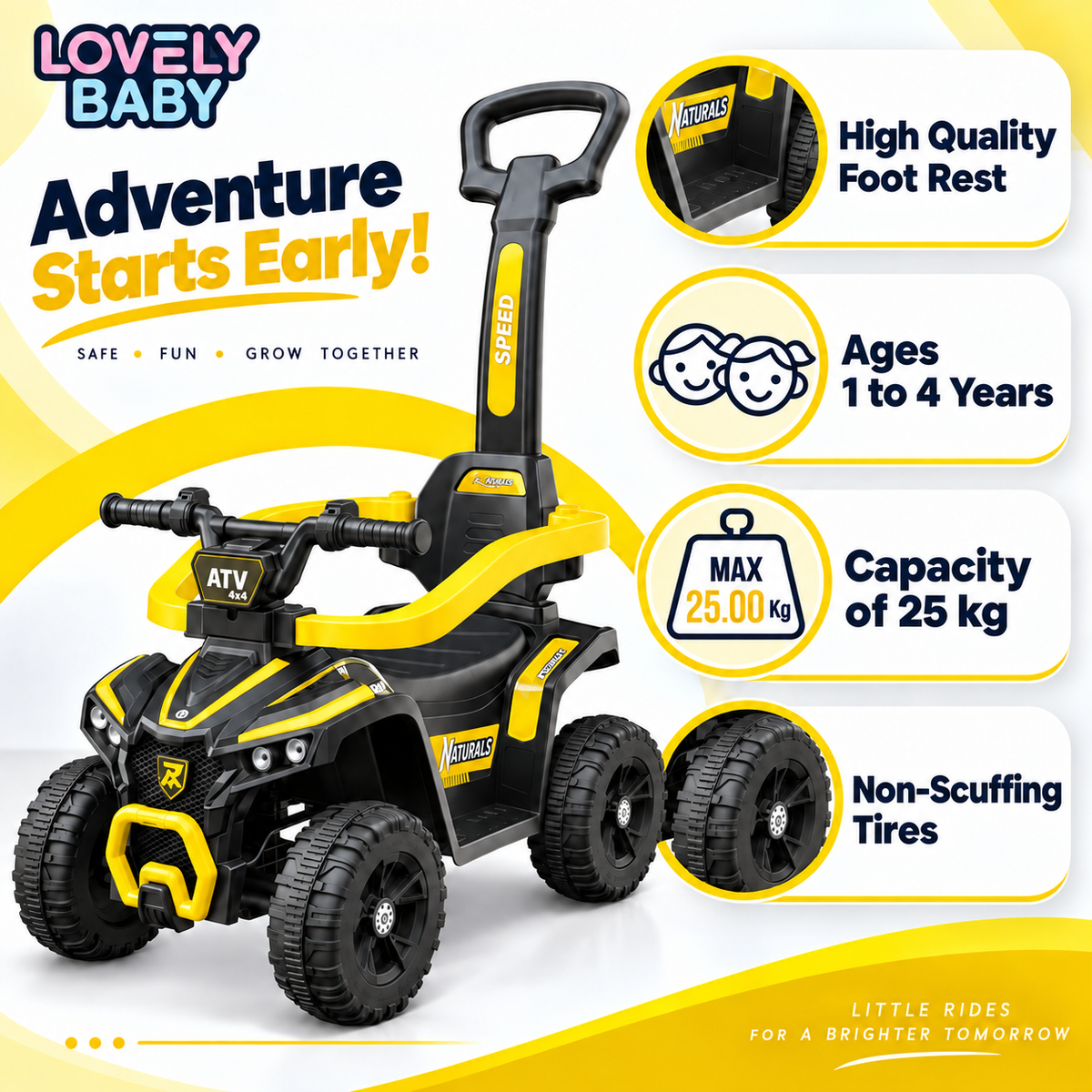Lovely Baby Ride On Push Car for Kids With Removable Handle - Yellow