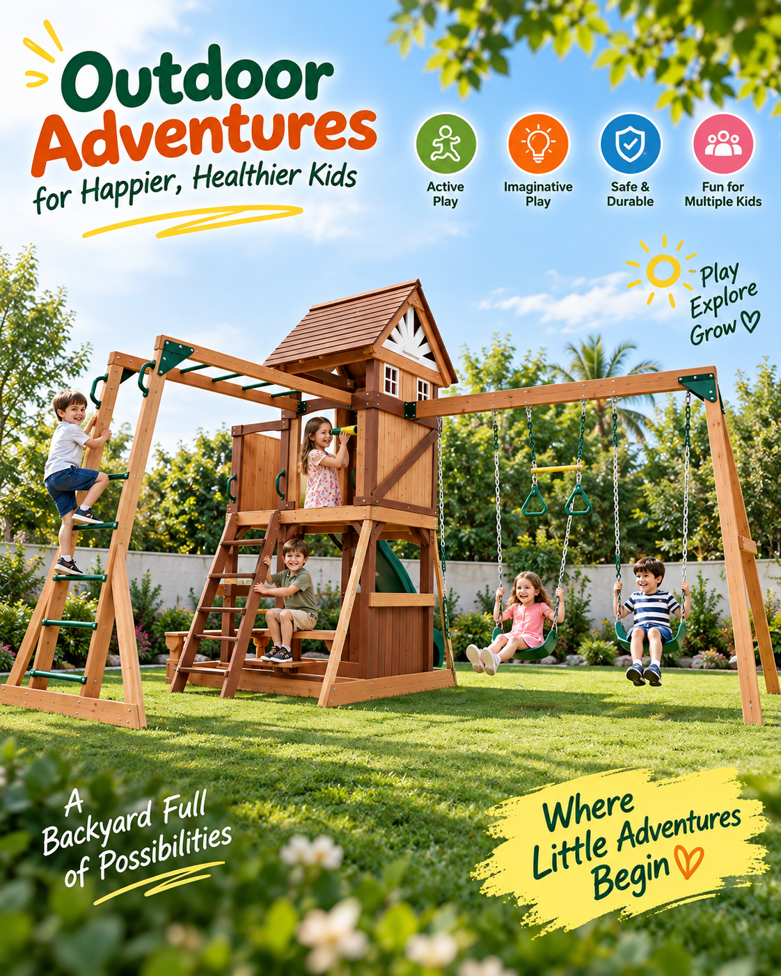Mount Peak - Vinson Massif Swing Set and Playhouse with Wooden Roof - Marah Kids