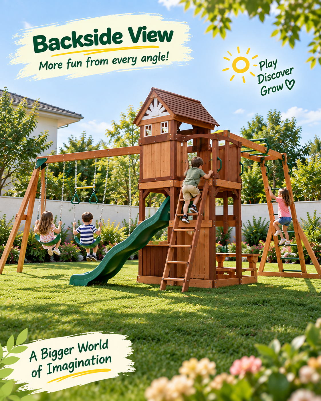 Mount Peak - Vinson Massif Swing Set and Playhouse with Wooden Roof - Marah Kids