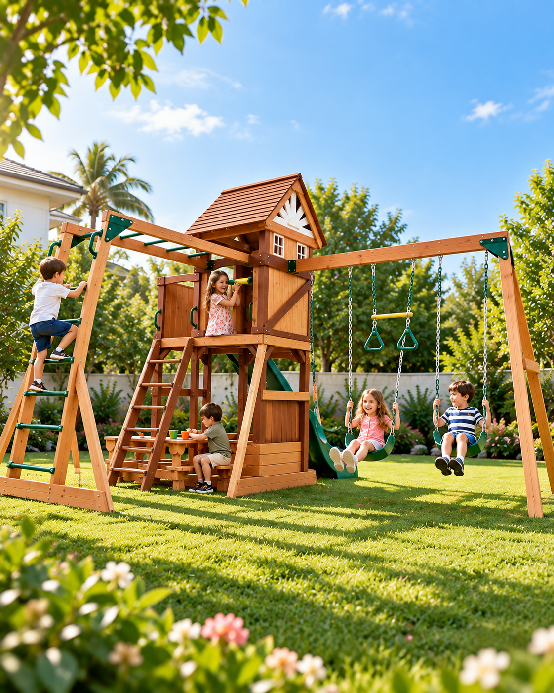Mount Peak - Vinson Massif Swing Set and Playhouse with Wooden Roof - Marah Kids