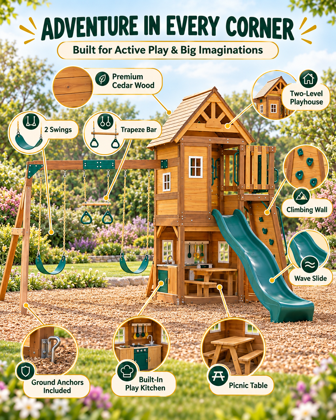 Mount Peak - Kazbek Swing Set & 2 Level Play House with Wooden Roof - Marah Kids