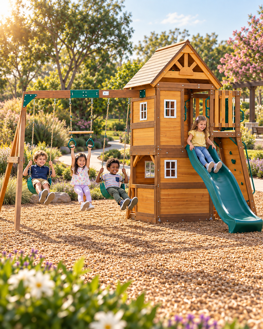 Mount Peak - Kazbek Swing Set & 2 Level Play House with Wooden Roof