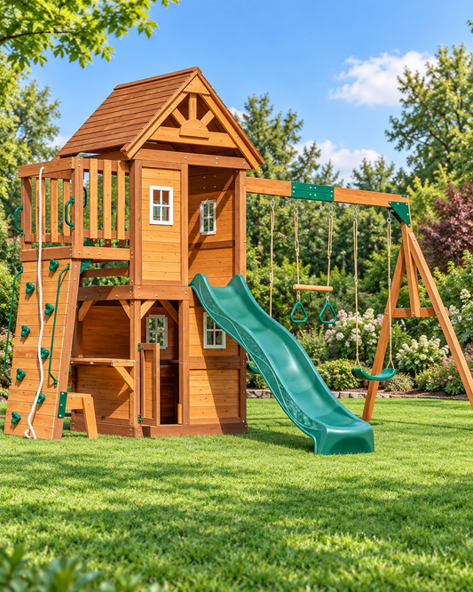 Mount Peak - Kazbek Swing Set & 2 Level Play House with Wooden Roof