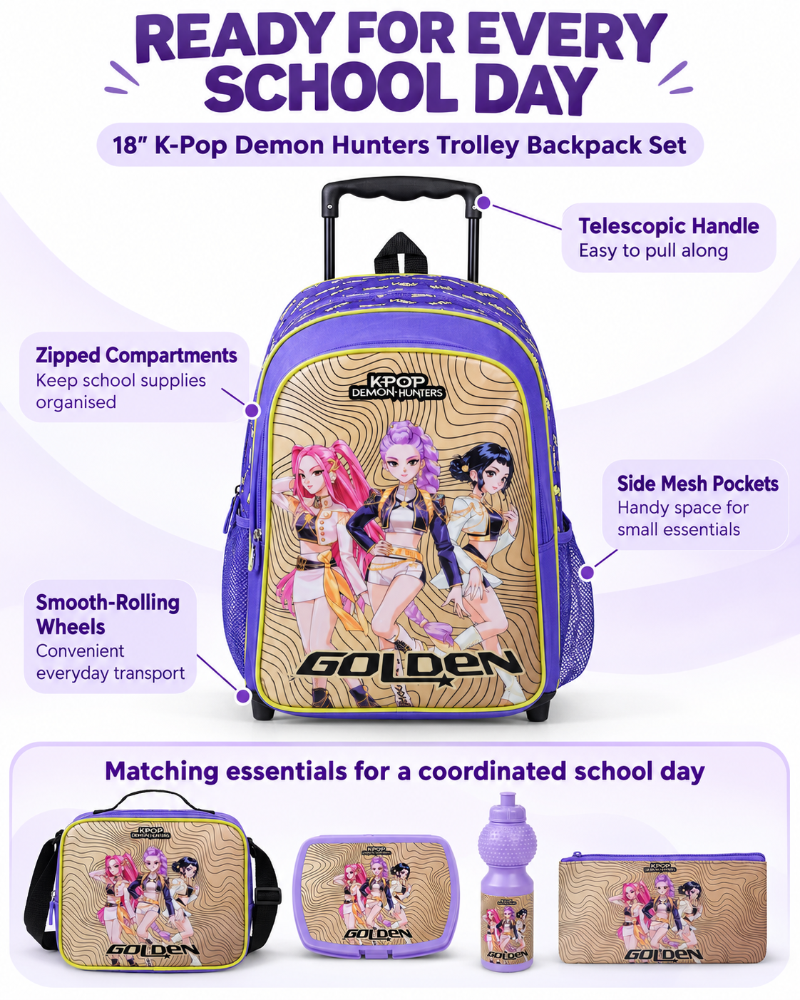 Netflix K-Pop Demon Hunters Golden 5-in-1 Kids Trolley School Set 18 Inch