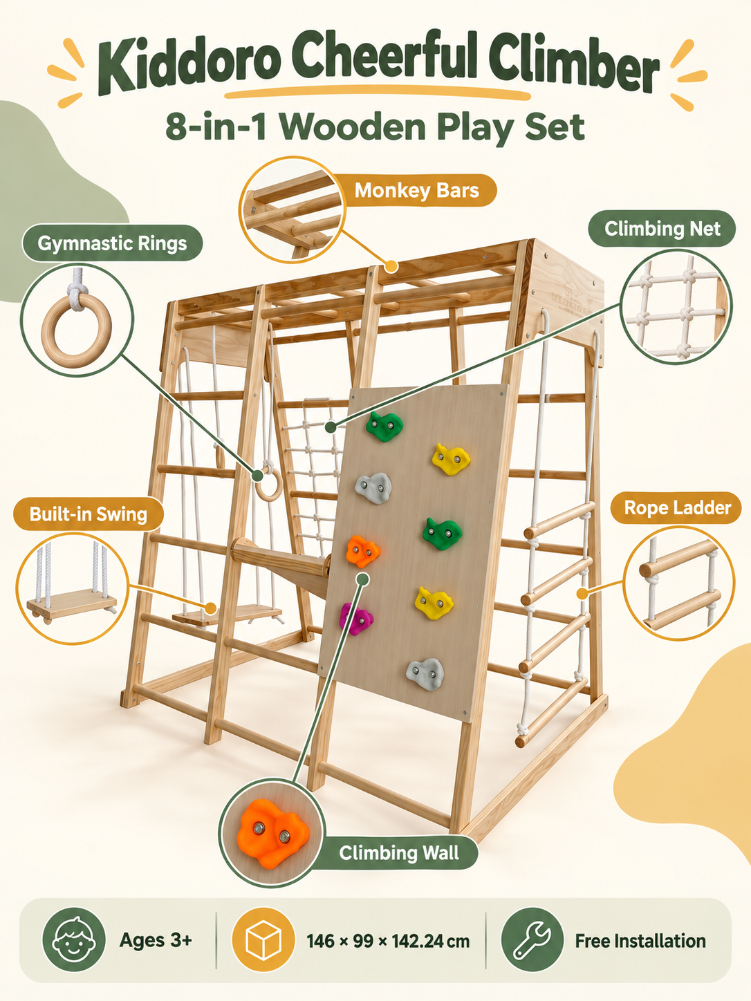 Kiddoro Cheerful Climber 8-in-1 Wooden Indoor & Outdoor Play Set 146 x 99 x 142 cm