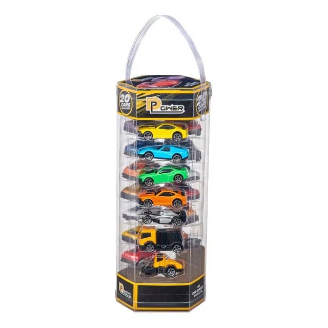 D - Power Diecast Cars Pack: 1:64 Scale Metal Alloy Die - cast Vehicles Collection with Storage Carrying Tub 20 - Piece Multicolour - Marah Kids