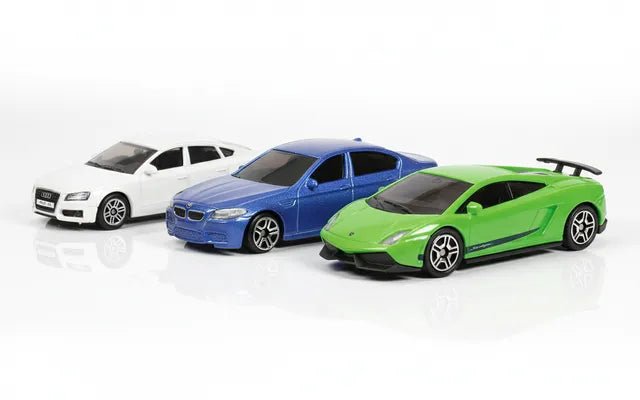 D - Power 1:64 Diecast Car Set (Pack of 3) – Audi A5 White, BMW M5 Blue, Lamborghini LP570 - 4 Green – Collectible Mini Cars, Metal Body, Free - Rolling Wheels - Marah Kids