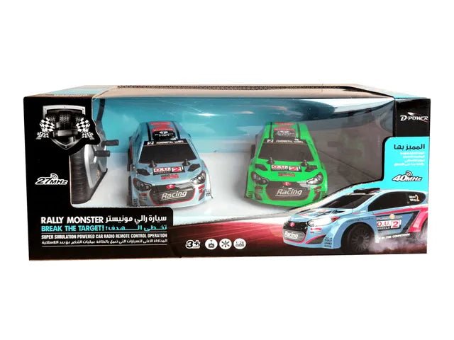 D Power – Rally Monster (Twin Pack) | RTR, 2 Radio Remote Control Car for Kids | 1:26 Scale, Dual Frequency Radio Channel, All Way Movement RC Car | White / Green Asst. - Marah Kids