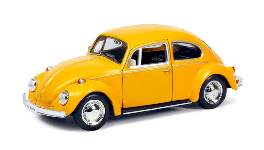 D - Power 1:36 Diecast Volkswagen Beetle 1967 – Matte Yellow, Pull Back, Classic Collectible Model Car - Marah Kids
