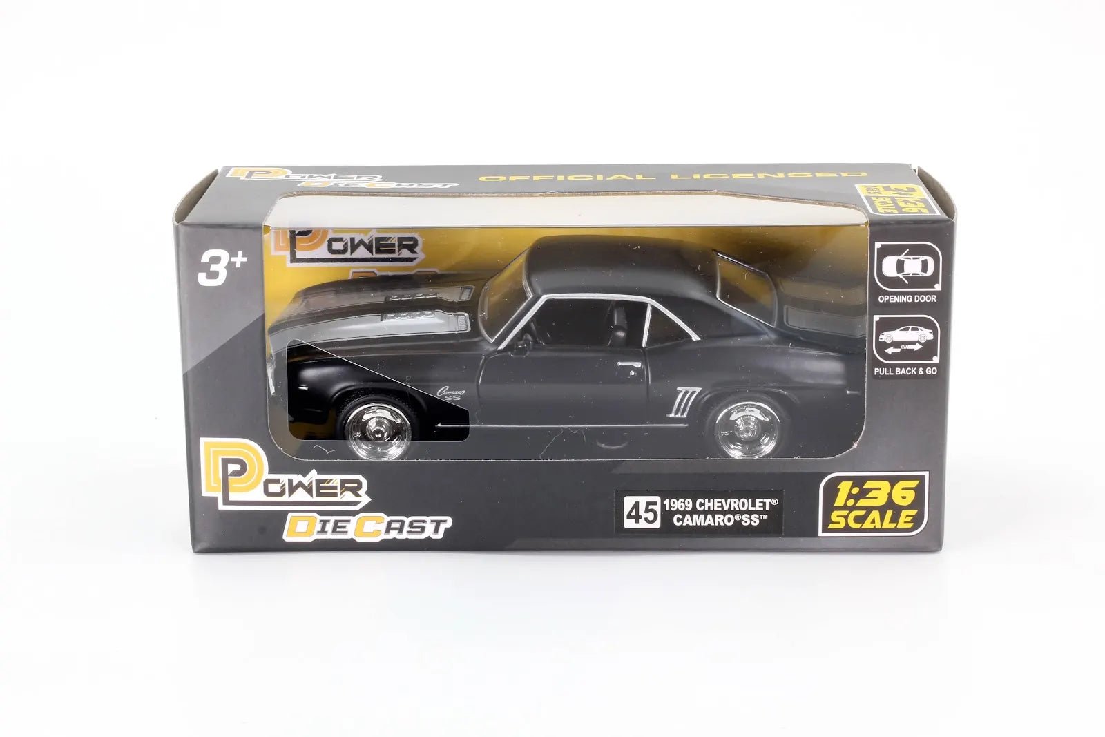 D - Power 1:36 Diecast Chevrolet Camaro 1969 – Matte Black, Pull Back - Marah Kids