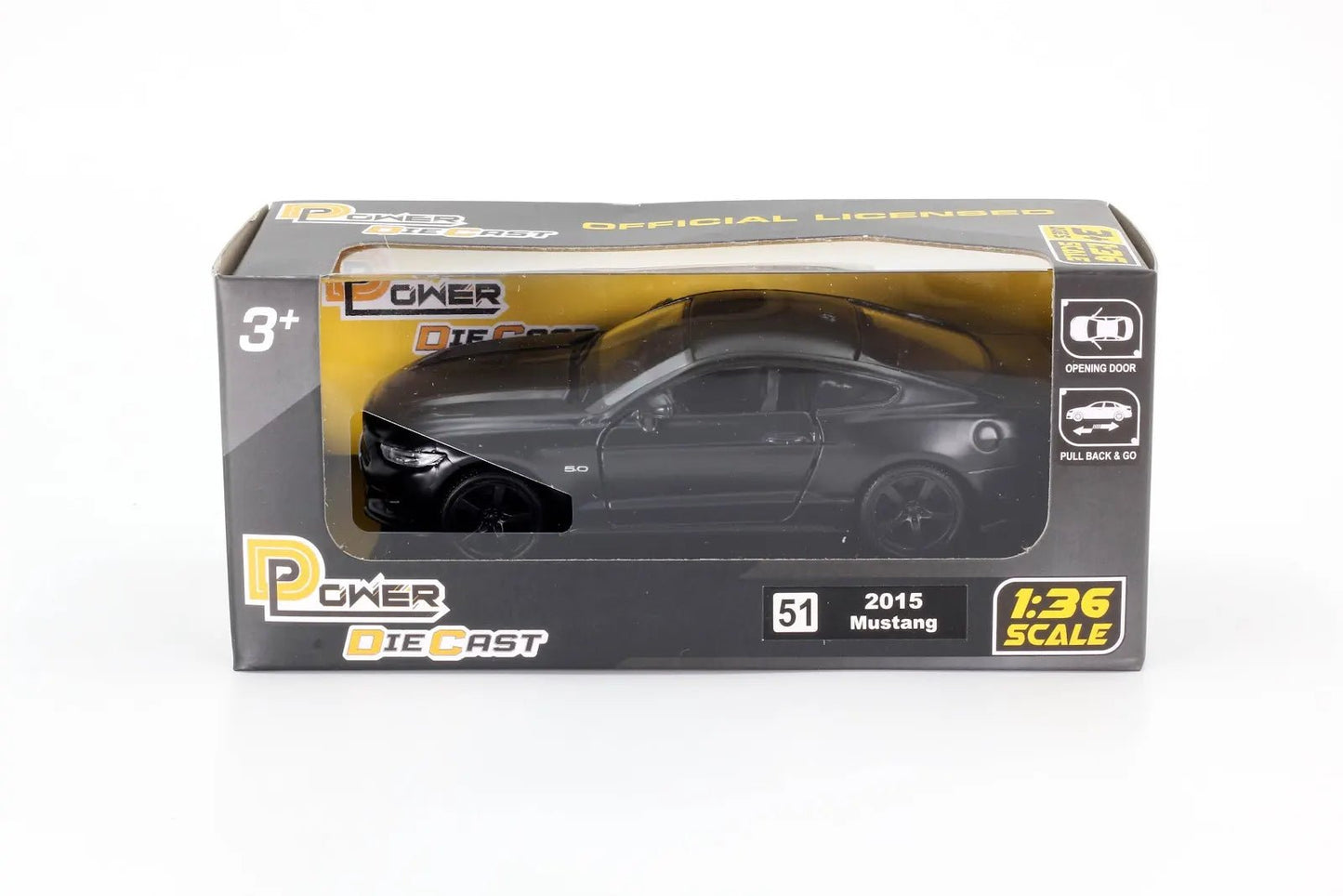 D - Power 1:36 Diecast Ford Mustang 2015 – Matte Black, Pull Back, Collectible Muscle Car Model - Marah Kids