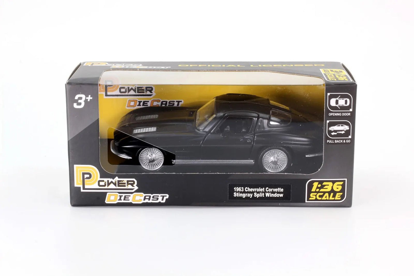 D - Power 1:36 Diecast Chevrolet Corvette Stingray Split Window 1963 Matte Black - Marah Kids
