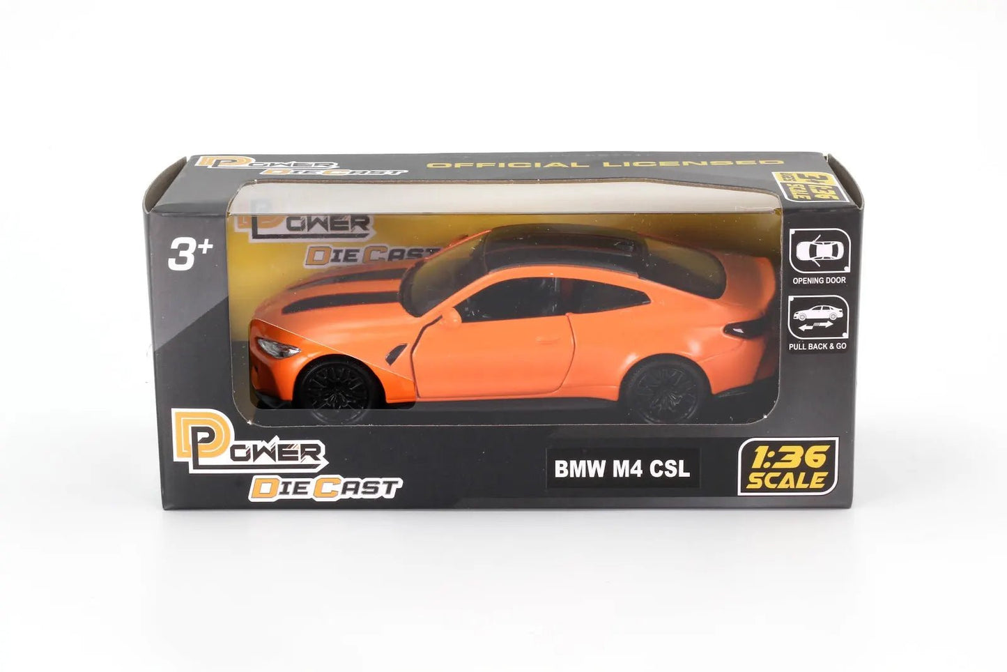 D - Power 1:36 Diecast BMW M4 CSL 2023 – Matte Orange, Pull Back, Collectible Sports Car Model - Marah Kids