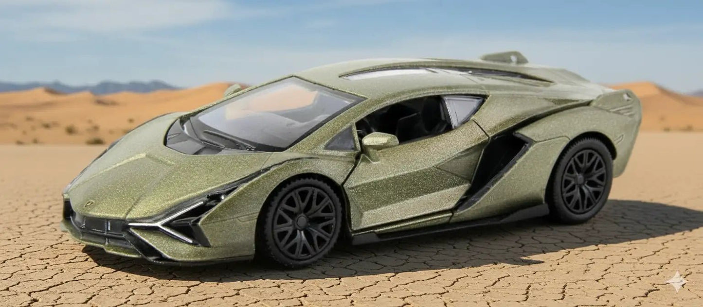 D - Power 1:36 Diecast Lamborghini Sian FKP 37 – Matte Green, Pull Back - Marah Kids