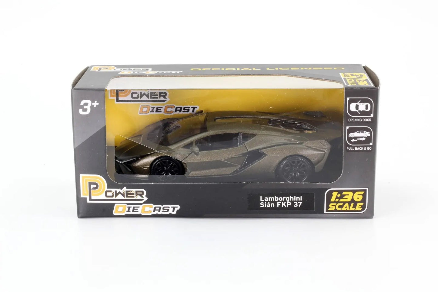 D - Power 1:36 Diecast Lamborghini Sian FKP 37 – Matte Green, Pull Back - Marah Kids