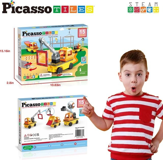 Picasso Magnetic Car Base Crank, Dump with Ladder 3in1 15 - pieces - Marah Kids