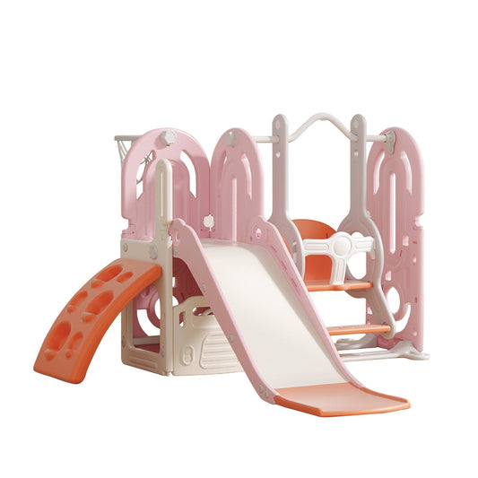 Slide & Swing Set w/ Climbing Wall & Basketball Hoop - Pink - Marah Kids