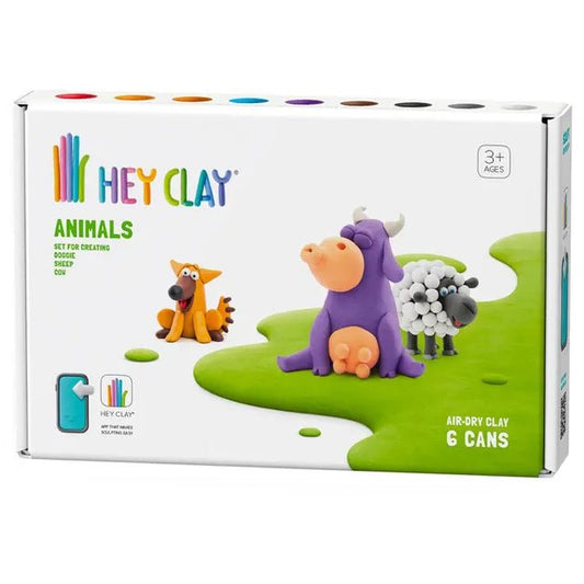 HEY CLAY - DIY Animals: Cow, Doggie, Sheep Plastic Creative Modelling Air - Dry Clay For Kids 6 Cans - Marah Kids