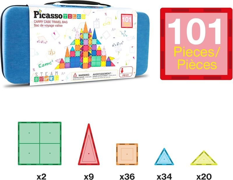 Picasso Magnetic Tiles with Carry Case Travel Bag 101 - pieces - Marah Kids