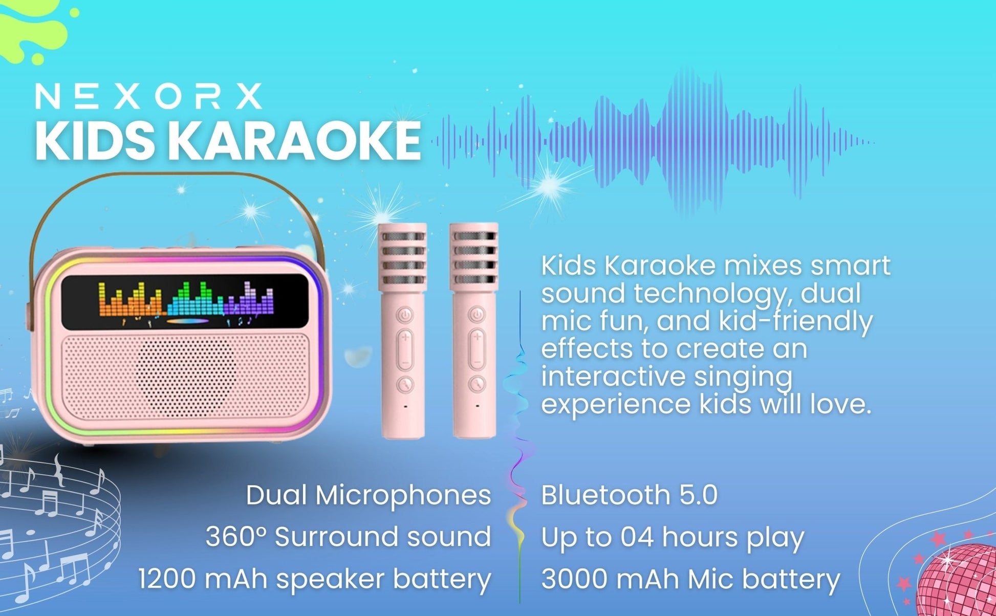 NEXORX Kids Karaoke Speaker w/ Dual Mics – Pink - Marah Kids