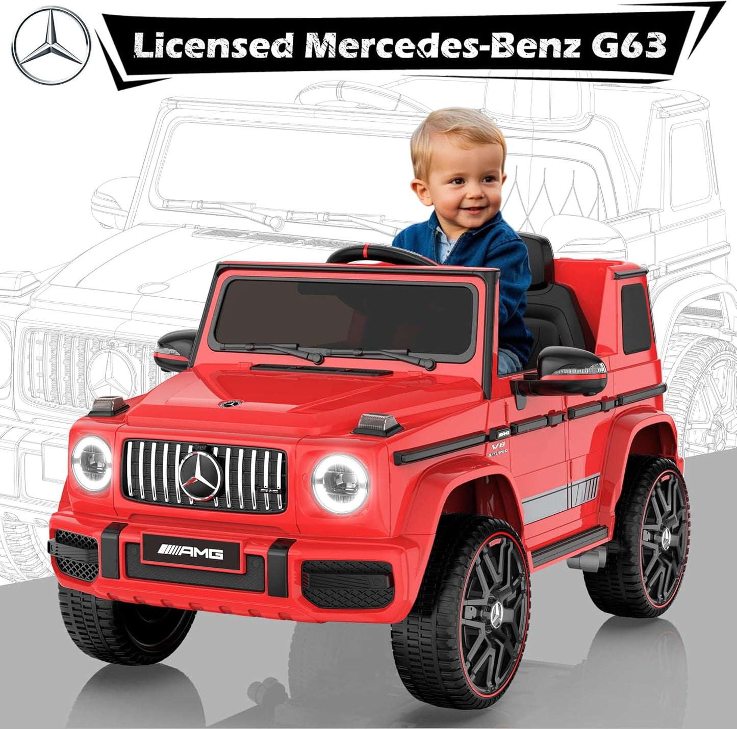 Mercedes - Benz Licensed G63 Car for Kids, 12V Ride on Car w/Parent Remote Control, LED Headlights, Music Player & Horn, Soft Start,Kids Electric Vehicle - Red - Marah Kids