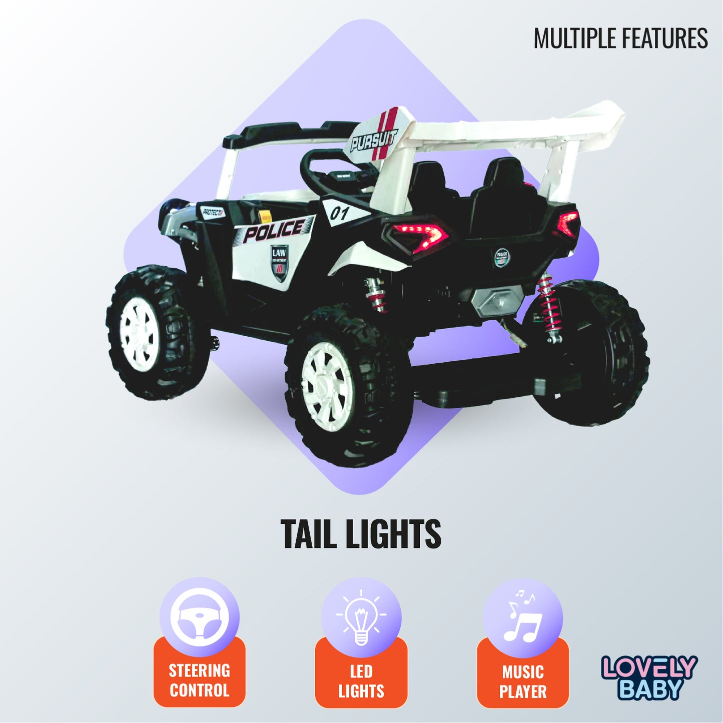 Lovely Baby Powered Riding Police Jeep - White - Marah Kids