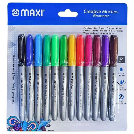 MAXI CREATIVE PERMANENT MARKER BULLET SLIM BLISTER OF 12PCS ASSORTED - Marah Kids