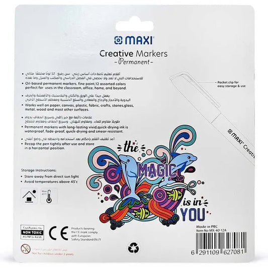 MAXI CREATIVE PERMANENT MARKER BULLET SLIM BLISTER OF 12PCS ASSORTED - Marah Kids
