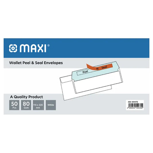 MAXI WHITE ENVELOPES 80GSM 4" X 9'' P&S 50PC