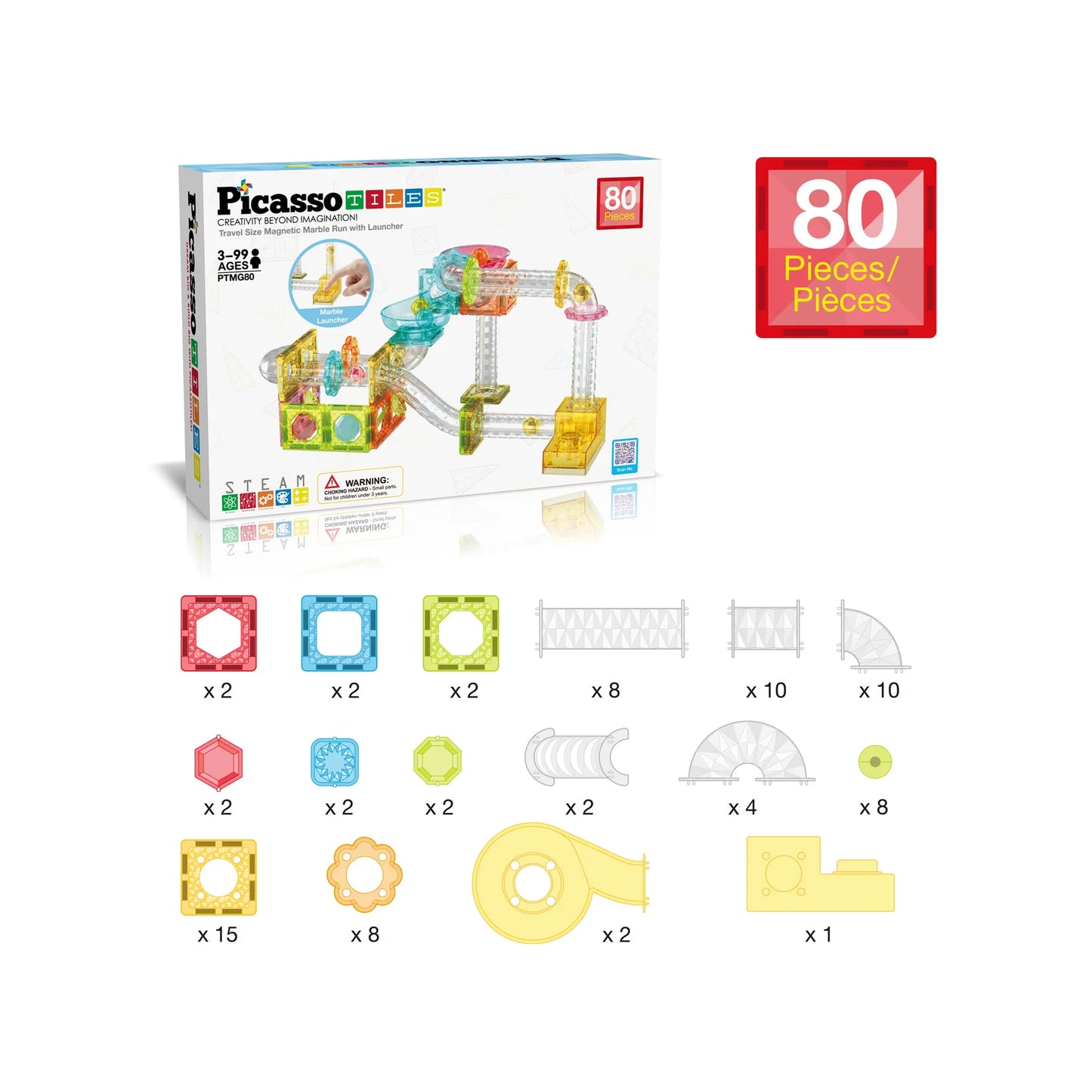 PicassoTiles Magnetic Marble Run with Launcher 80 - Pieces - Marah Kids