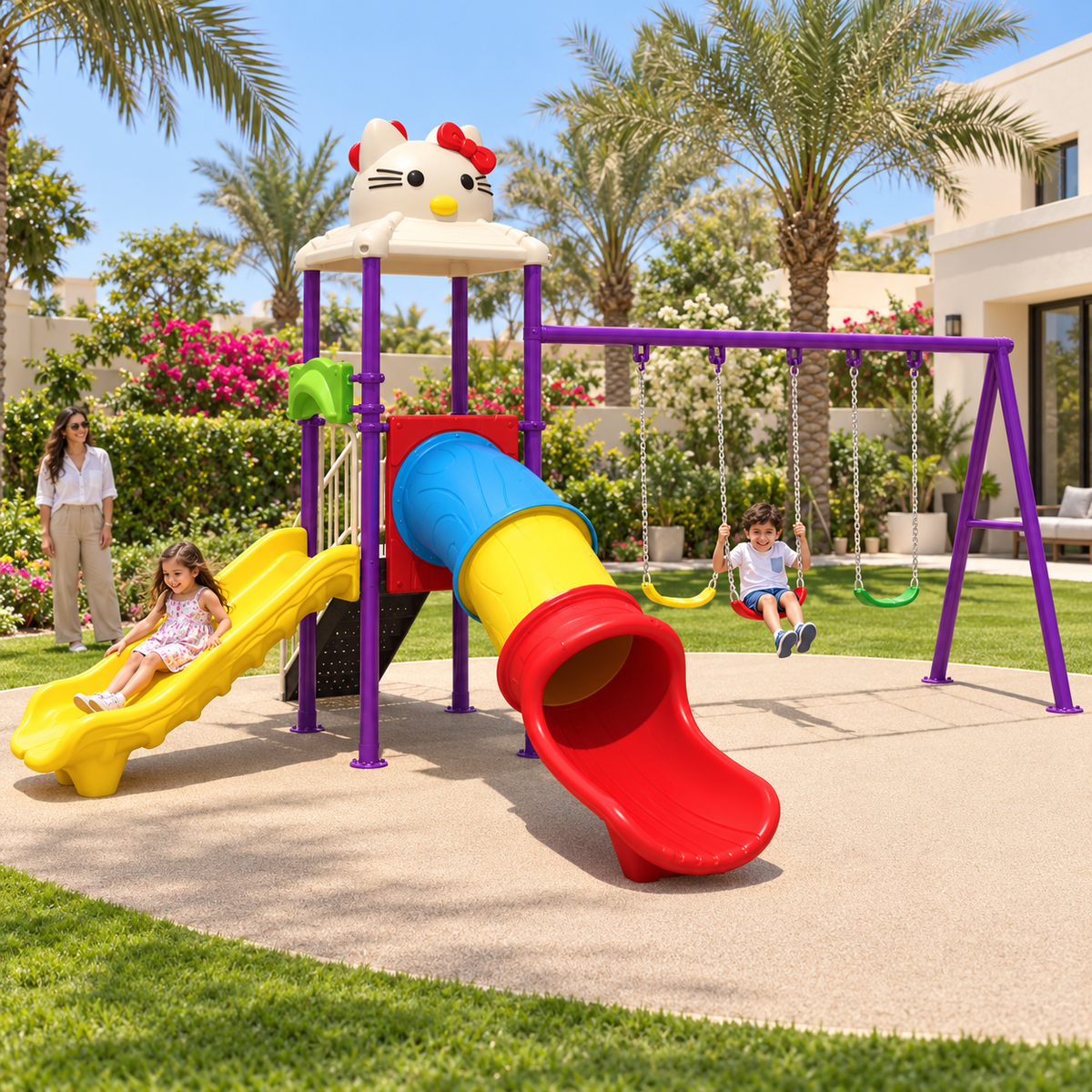 Toyemporium Double Slide Playground with Triple Swings