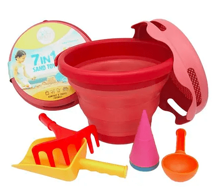 7 - in - 1 Beach Sand Toy Set for Kids – Shovel, Rake, Bucket & Molds Red - Marah Kids