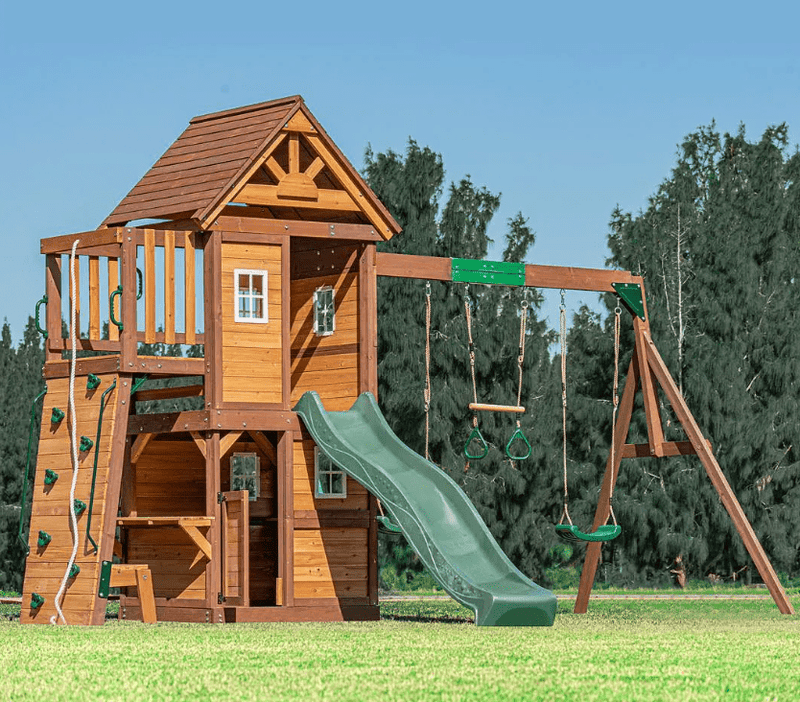 Mount Peak - Kazbek Swing Set & 2 level Play House with wooden roof - Marah Kids