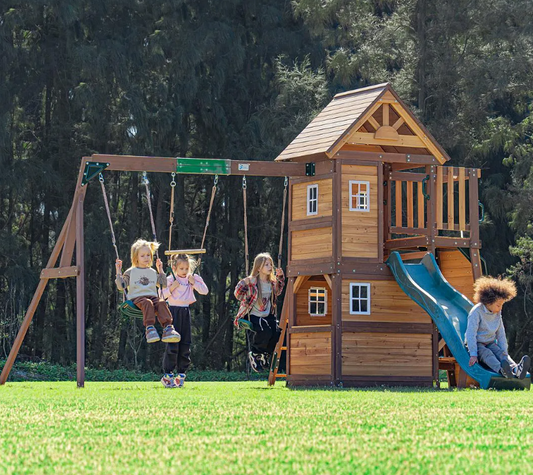 Mount Peak -Kazbek Swing Set & 2 level Play House with wooden roof