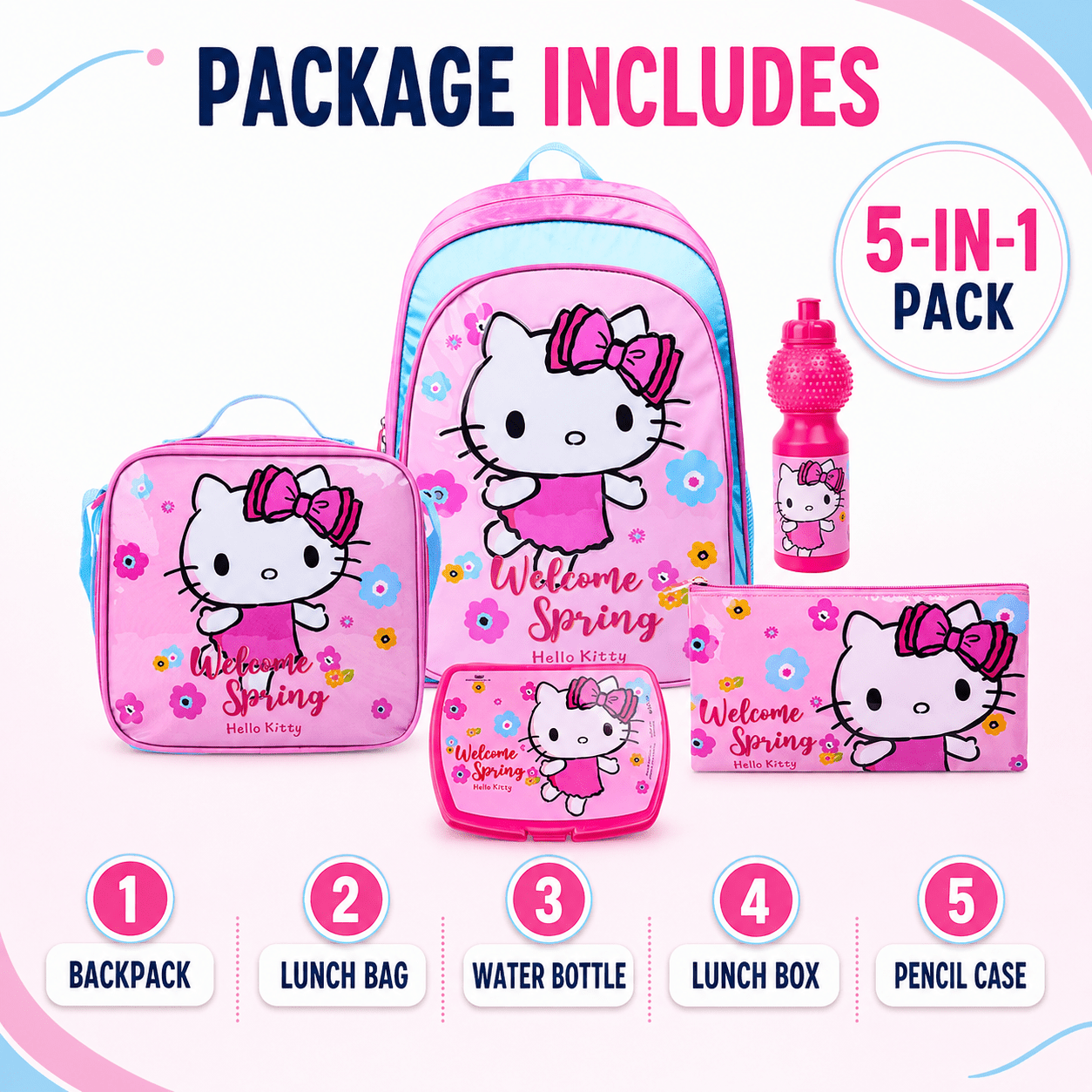 Sanrio Hello Kitty Welcom Spring 5In1 Backpack Set 16 - Marah Kids