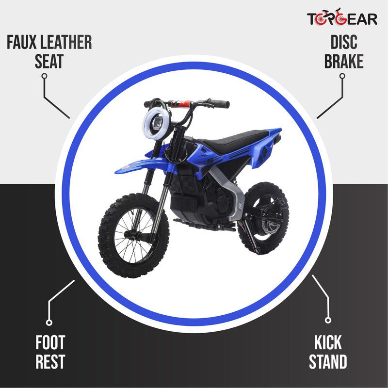 Top Gear TG 580 | 36V Electric Dirt Bike for Kids – 500W Motor, Air Wheels, Disc Brake, Bluetooth & Key Start - Blue - Marah Kids