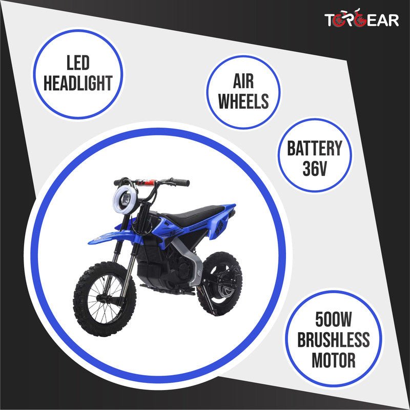 Top Gear TG 580 | 36V Electric Dirt Bike for Kids – 500W Motor, Air Wheels, Disc Brake, Bluetooth & Key Start - Blue - Marah Kids
