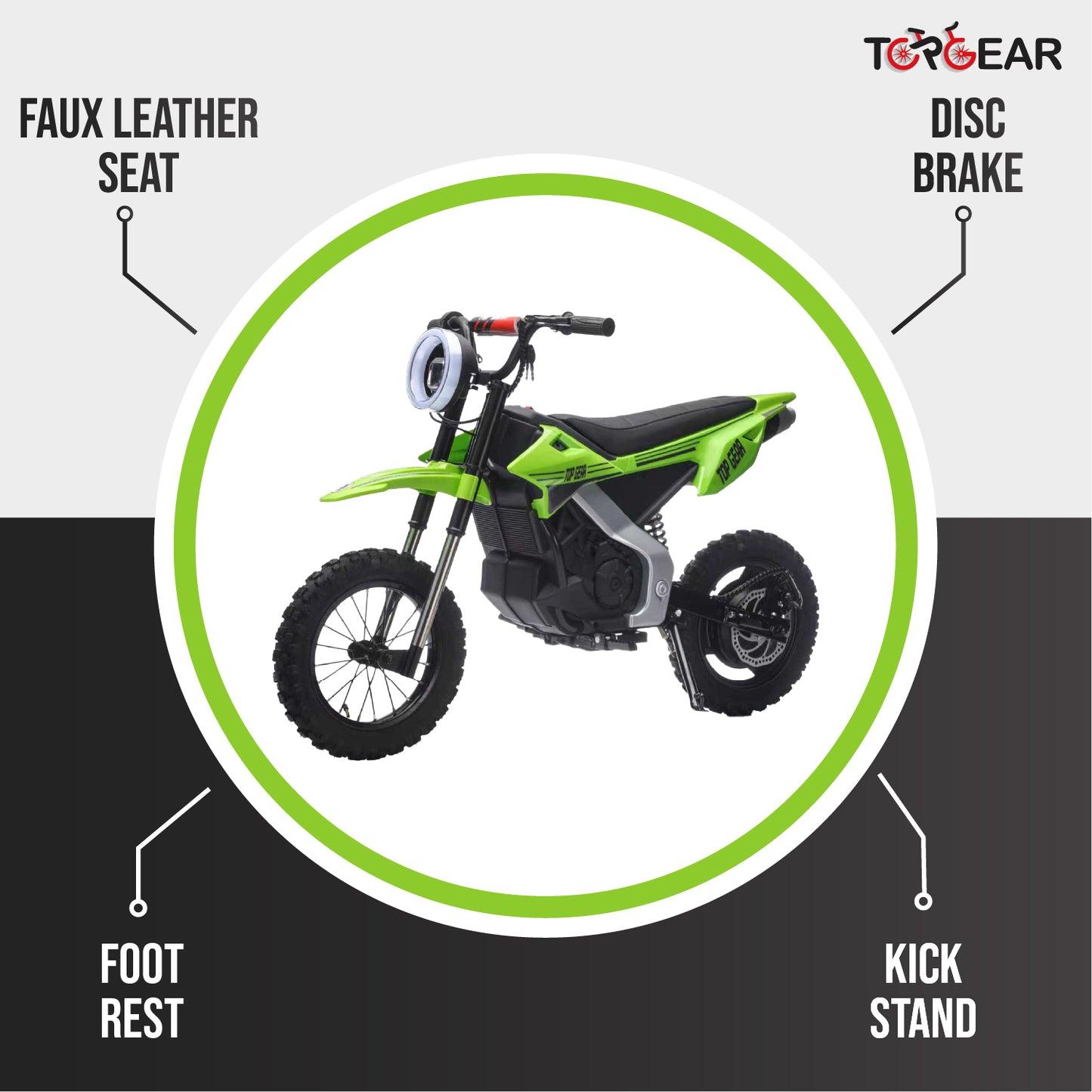Top Gear TG 580 | 36V Electric Dirt Bike for Kids – 500W Motor, Air Wheels, Disc Brake, Bluetooth & Key Start - Green - Marah Kids