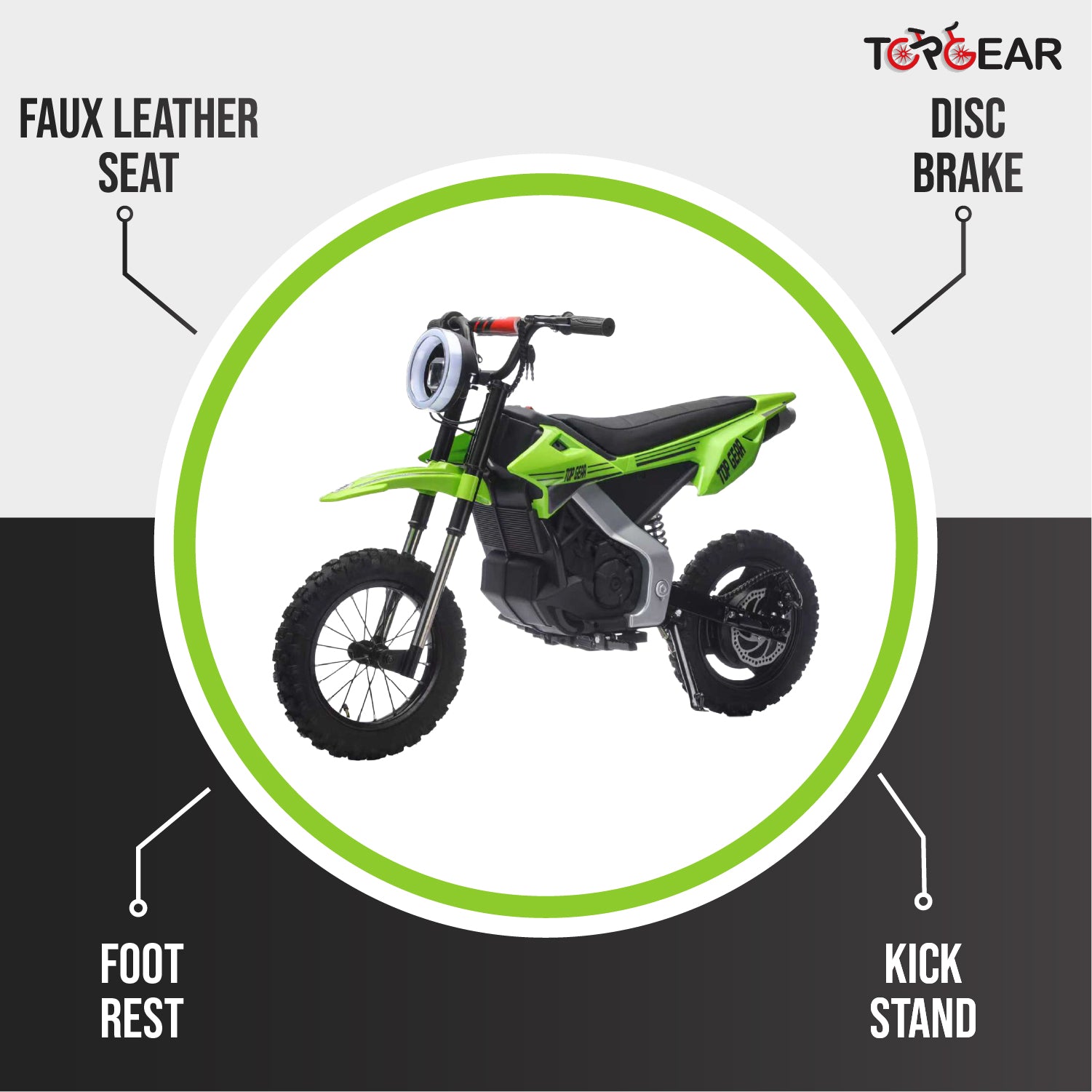 Top Gear TG 580 | 36V Electric Dirt Bike for Kids – 500W Motor, Air Wheels, Disc Brake, Bluetooth & Key Start - Green - Marah Kids