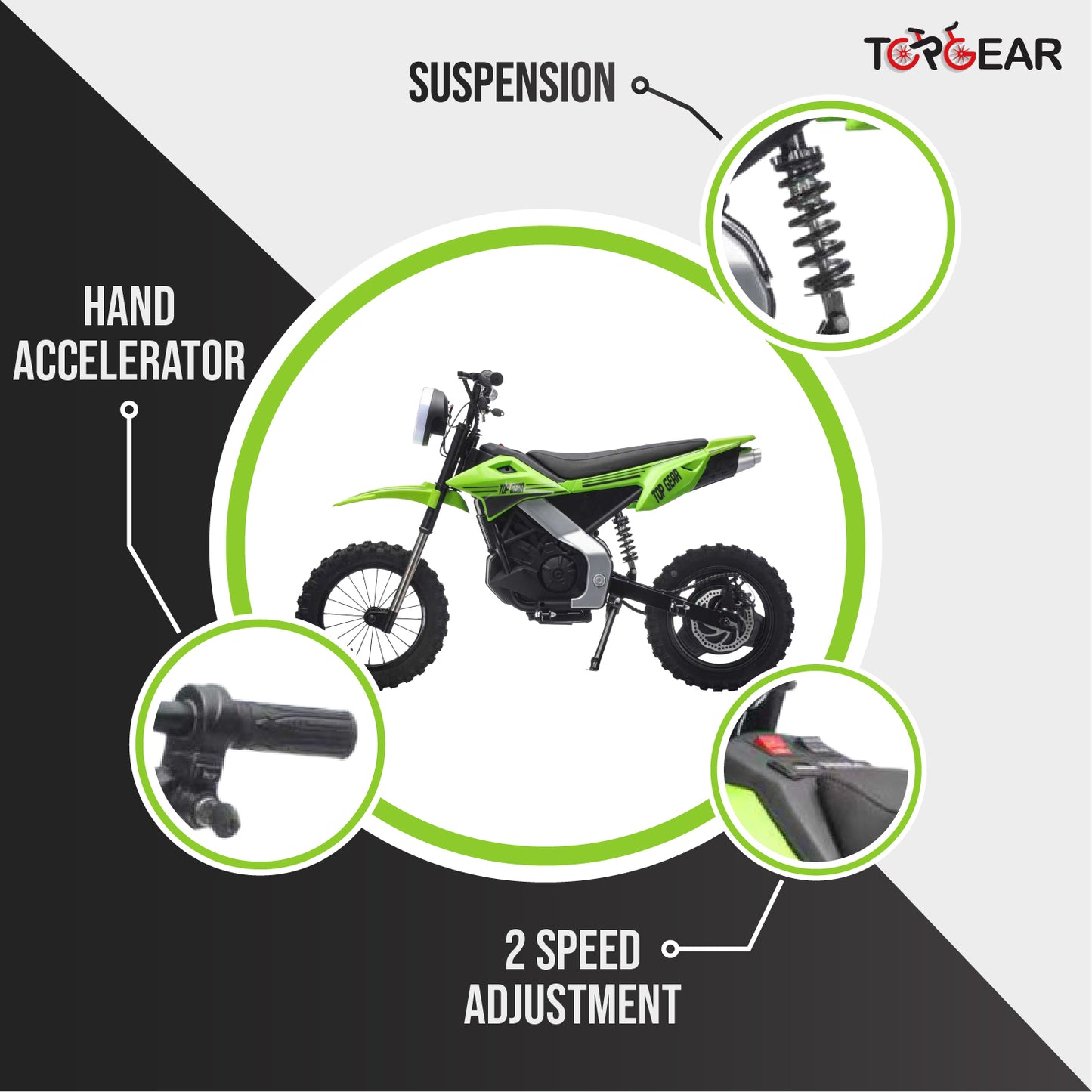 Top Gear TG 580 | 36V Electric Dirt Bike for Kids – 500W Motor, Air Wheels, Disc Brake, Bluetooth & Key Start - Green - Marah Kids