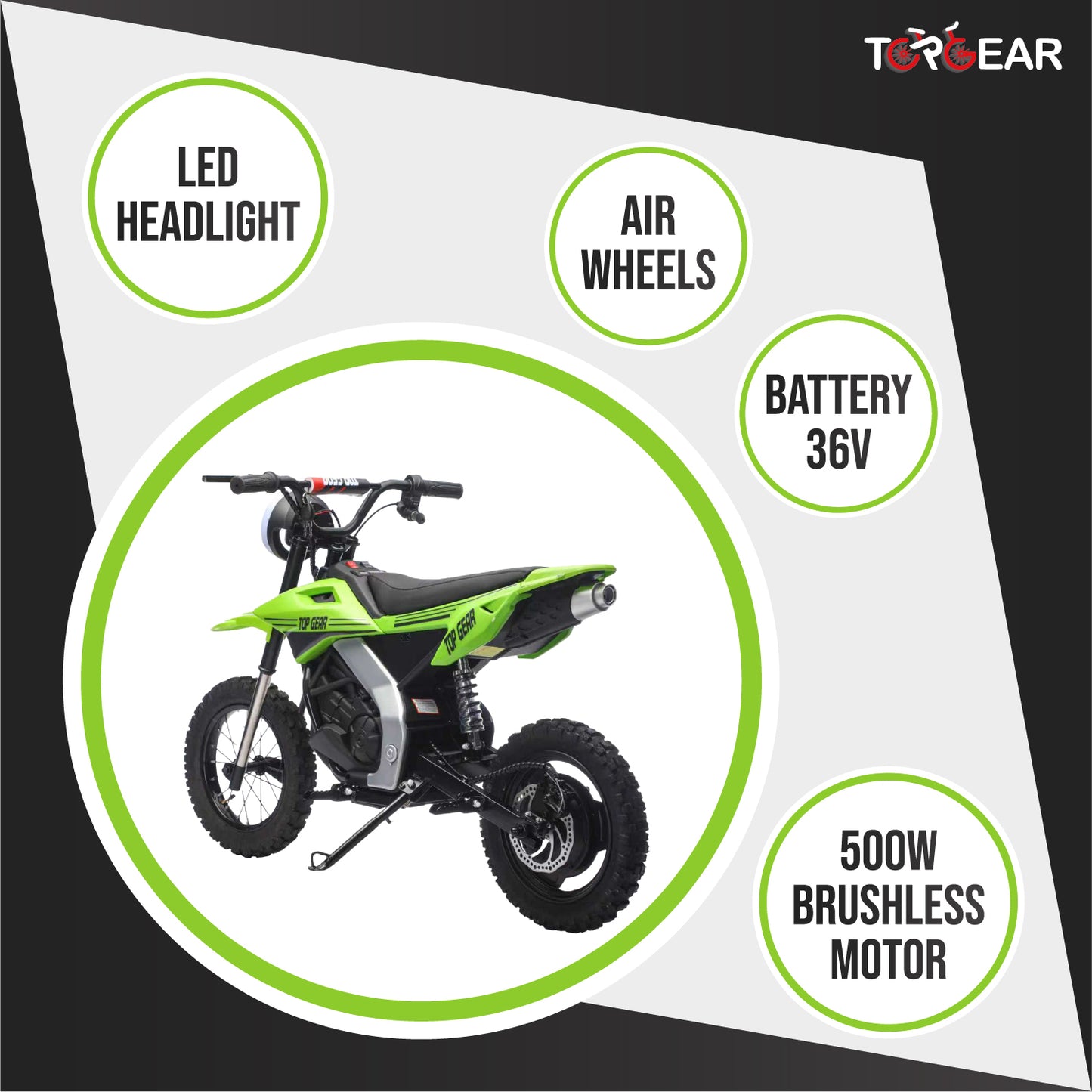 Top Gear TG 580 | 36V Electric Dirt Bike for Kids – 500W Motor, Air Wheels, Disc Brake, Bluetooth & Key Start - Green - Marah Kids