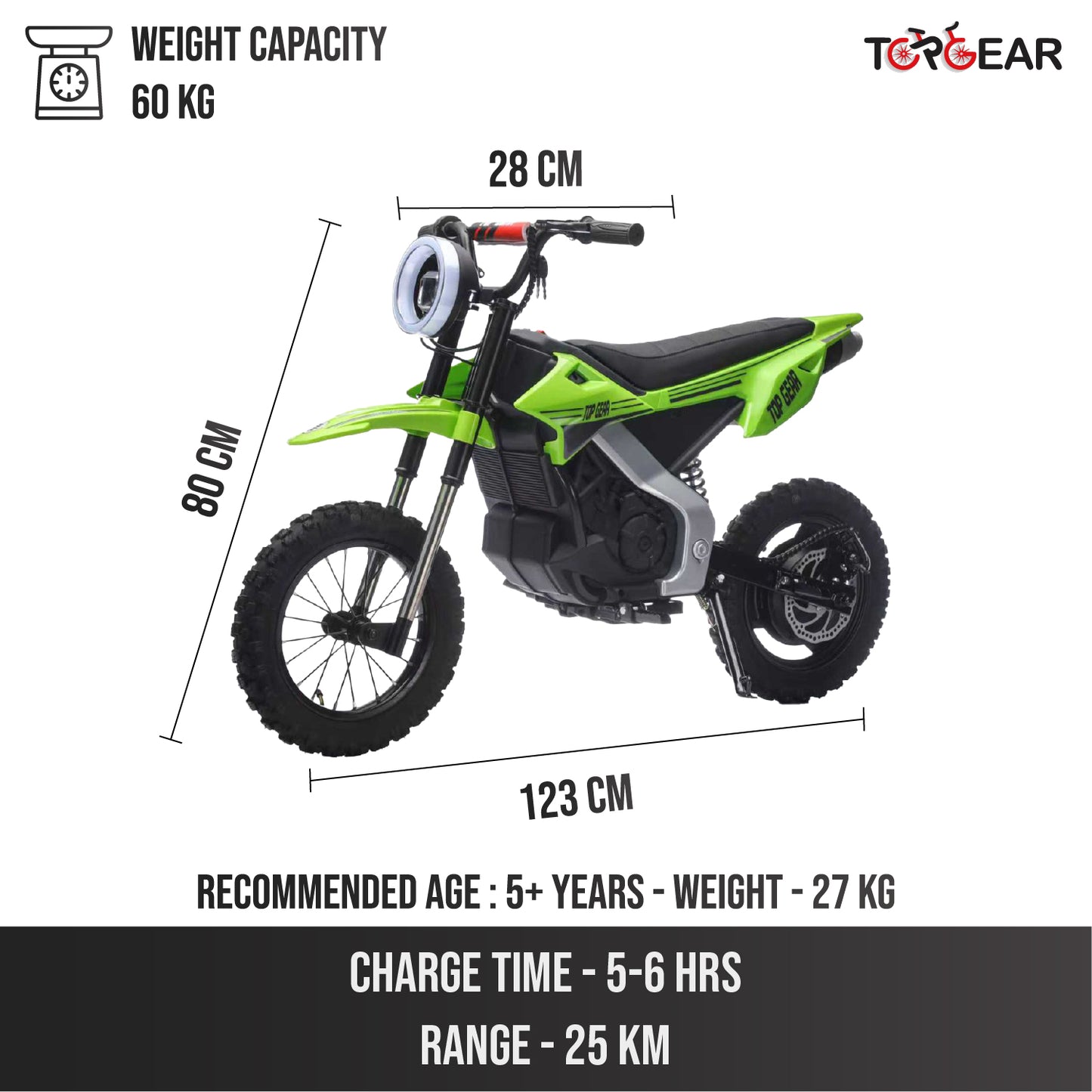Top Gear TG 580 | 36V Electric Dirt Bike for Kids – 500W Motor, Air Wheels, Disc Brake, Bluetooth & Key Start - Green - Marah Kids