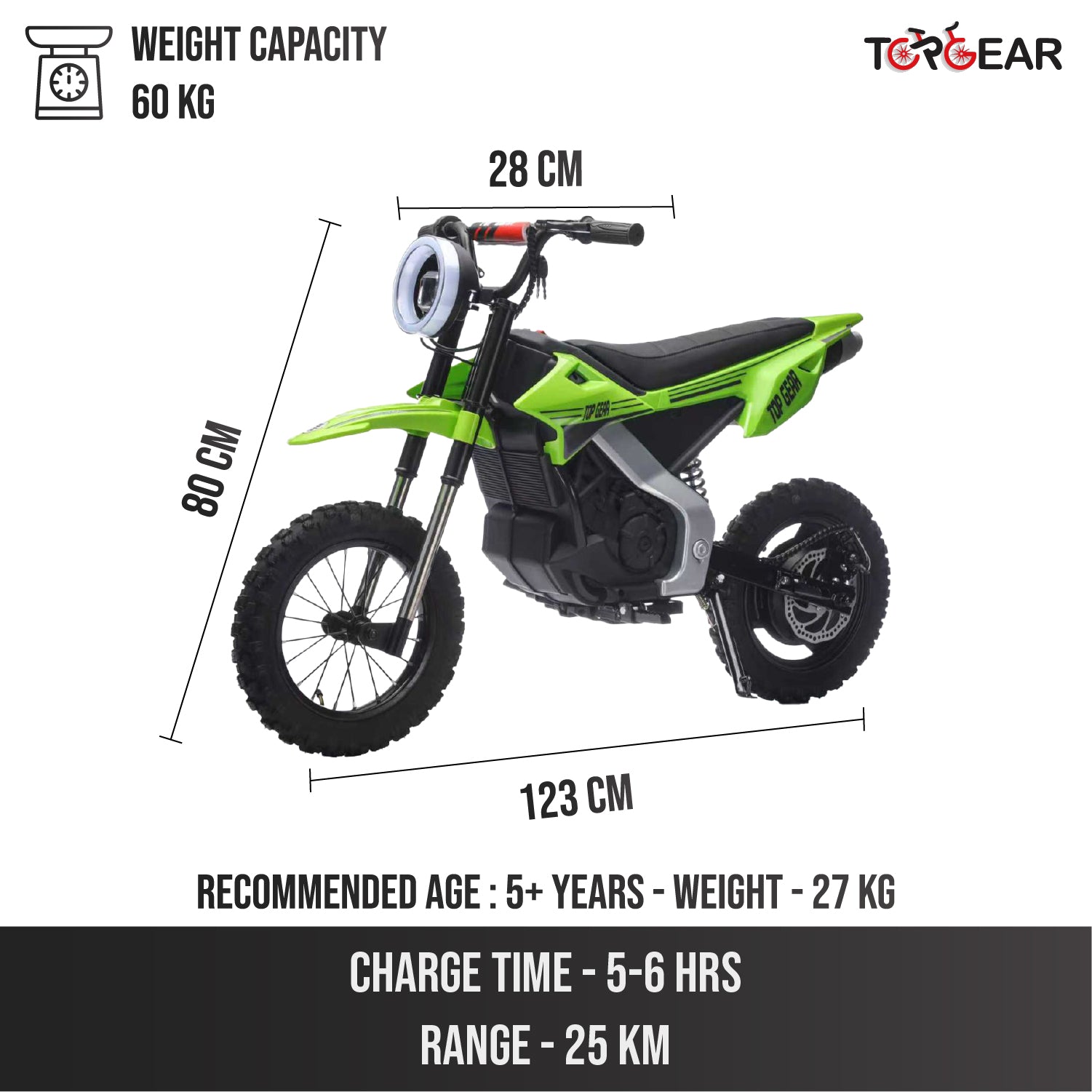 Top Gear TG 580 | 36V Electric Dirt Bike for Kids – 500W Motor, Air Wheels, Disc Brake, Bluetooth & Key Start - Green - Marah Kids